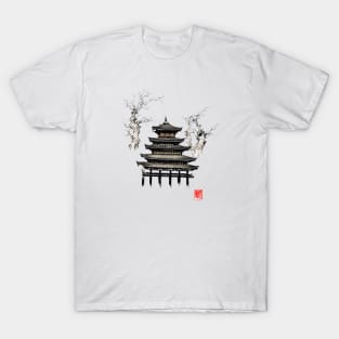 Japanese temple and trees landscape ink painting T-Shirt